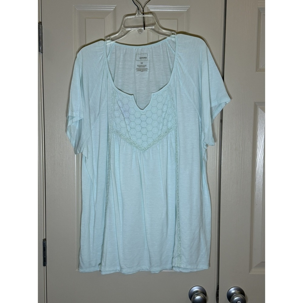 Sonoma Short Sleeve Top Women 3X Mint Green Excellent Crochet Split Neck Slub